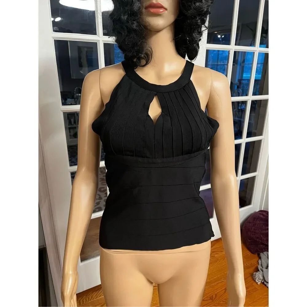 Bebe Black Bandage & Mesh Halter Tank Top sz L EUC